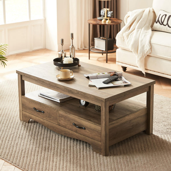 Farmhouse Coffee Table with Storage Drawers and Open Shelf