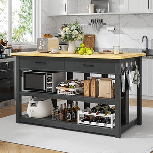 Kitchen Island with Power Outlets & Rubberwood Top