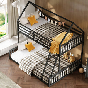 Twin Over Full House Bunk Bed with Ladder & Guardrail