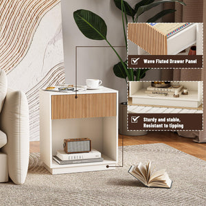 Modern Fluted Nightstand Set of 2 with Drawer and Open Shelf