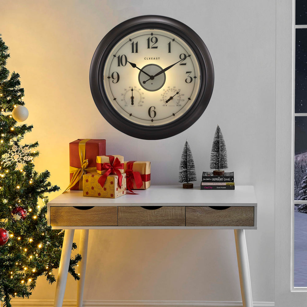 18-Inch Illuminated Outdoor Wall Clock with Thermometer & Hygrometer
