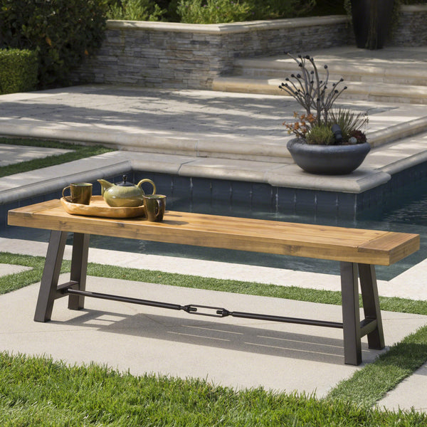Outdoor Acacia Wood Bench with Metal Accents – Teak Finish