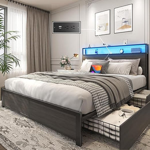 Metal Platform Bed Frame with Storage Headboard, Drawers & LED