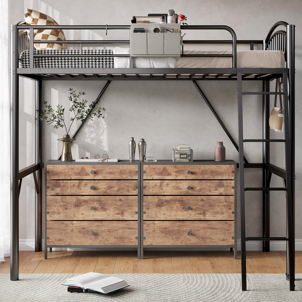 Twin Metal Loft Bed with Guardrails & Convertible Ladder