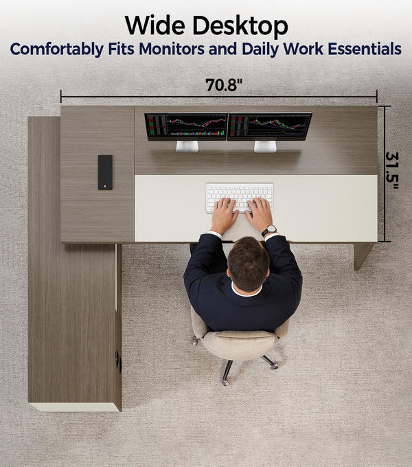 L-Shaped Executive Desk with Drawers & LED Lighting