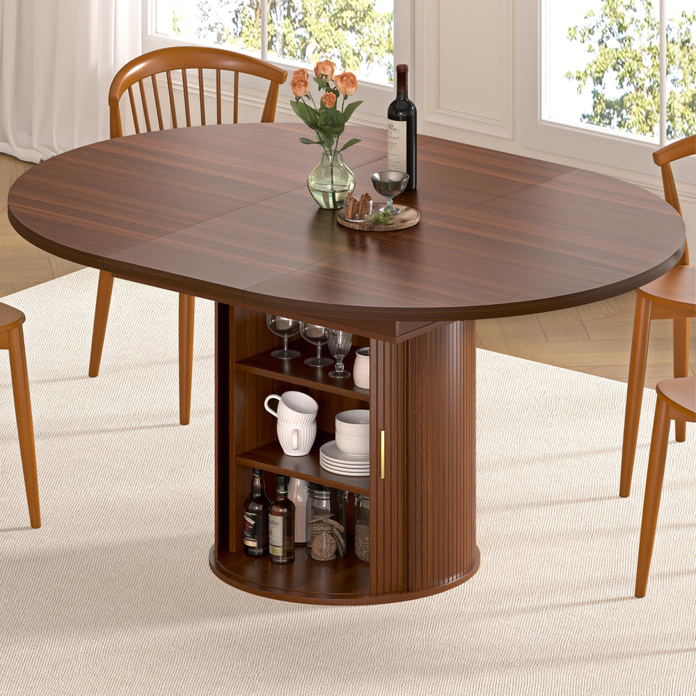 Extendable Round to Oval Dining Table with Storage Cabinet