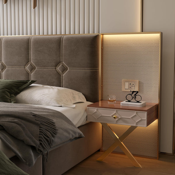 Queen Bed Frame with LED Lights, Charging Ports & Nightstands