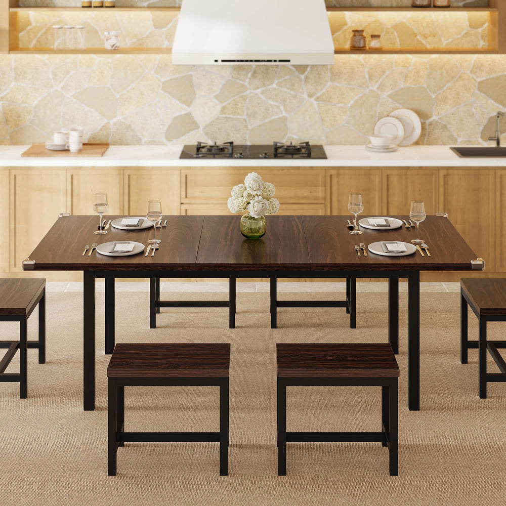 Extendable Dining Table Set with 6 Stools, Metal Frame & MDF, 63"