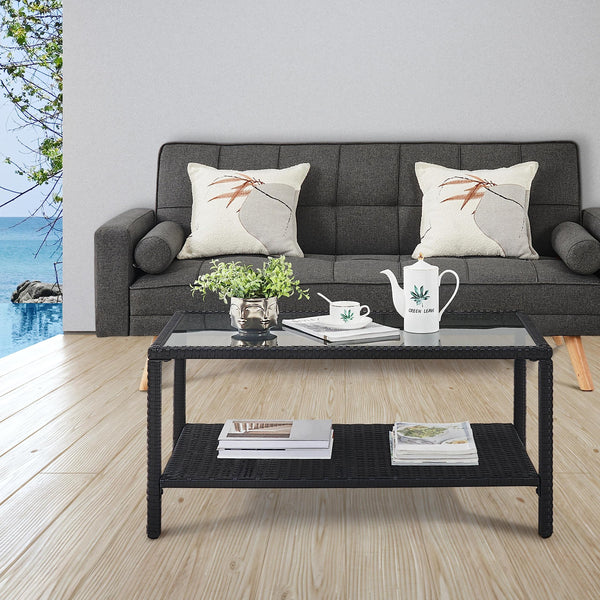 Rattan Wicker Coffee Table with Tempered Glass Top