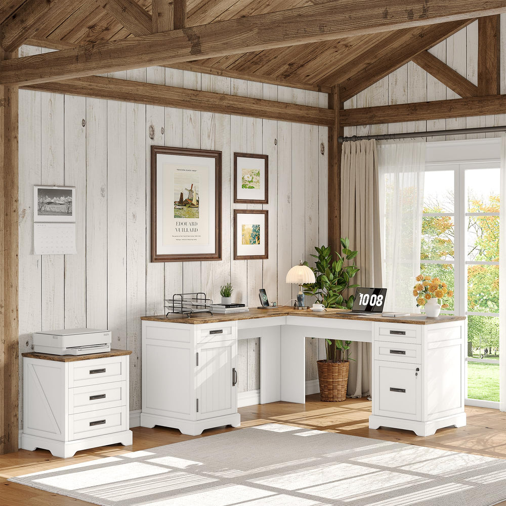L-Shaped Executive Desk with File Cabinet & Charging Station, 67 Inch