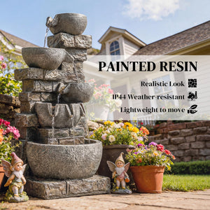 Outdoor Water Fountain with LED Lights – 5-Tier Cascading Waterfall, 31.5" Tall, Stone Gray