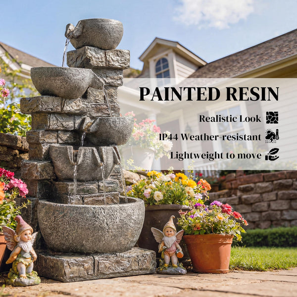 Outdoor Water Fountain with LED Lights – 5-Tier Cascading Waterfall, 31.5" Tall, Stone Gray