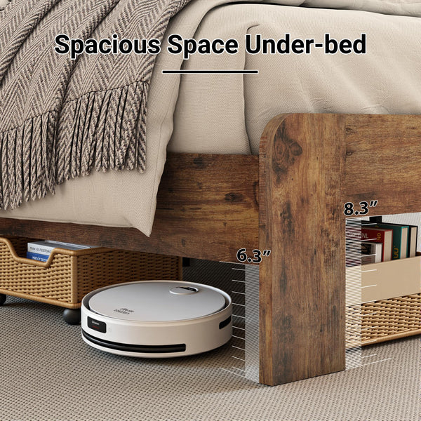 Queen Platform Bed Frame with Storage Headboard, LED Lights & Charging Station, Dark Brown