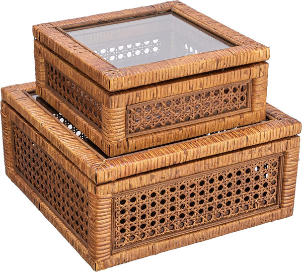 Rattan & Wood Display Boxes with Glass Top – Set of 2