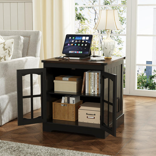 Farmhouse End Table with Charging Station & LED Light