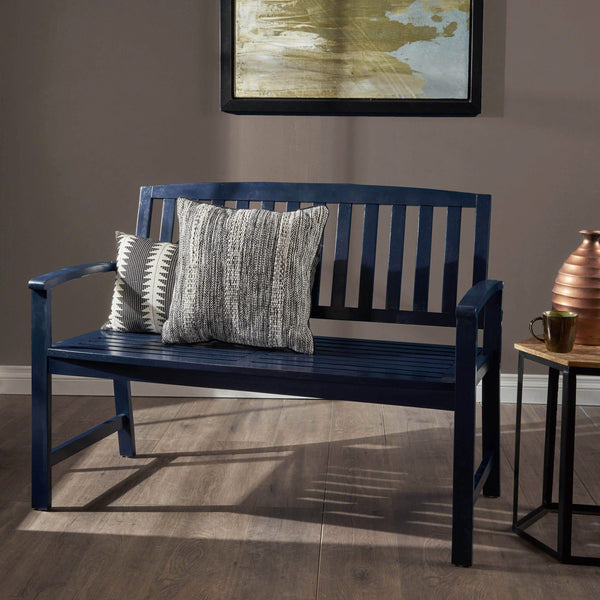 Acacia Wood Farmhouse Bench – PU Navy Blue