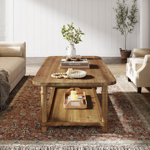 Solid Wood Rectangle Coffee Table with 2-Tier Storage