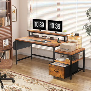 57" Computer Desk with Monitor Stand, Charging Station & File Cabinet