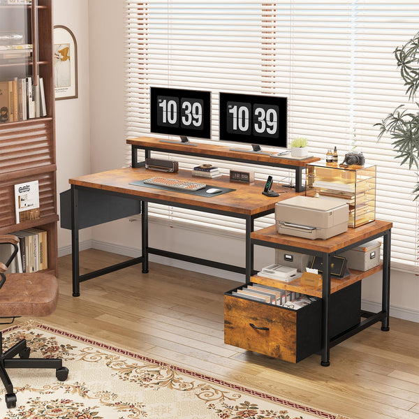 57" L-Shaped Corner Office Desk with Drawers, Power Outlets & Monitor Stand