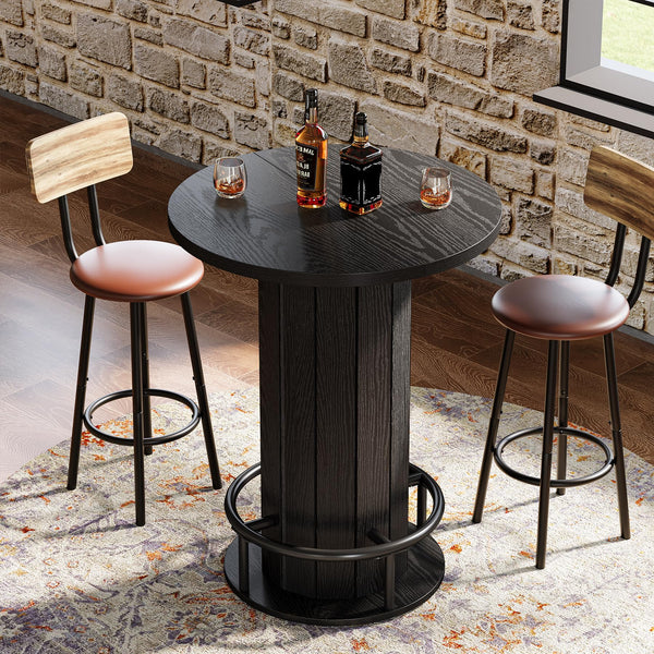 Round Farmhouse Bar Table with Wood Fence Base & Metal Footrest