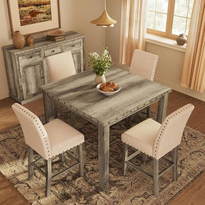 Counter Height Dining Table Set with Bar Stools – Farmhouse Square Kitchen Pub Table & Chairs