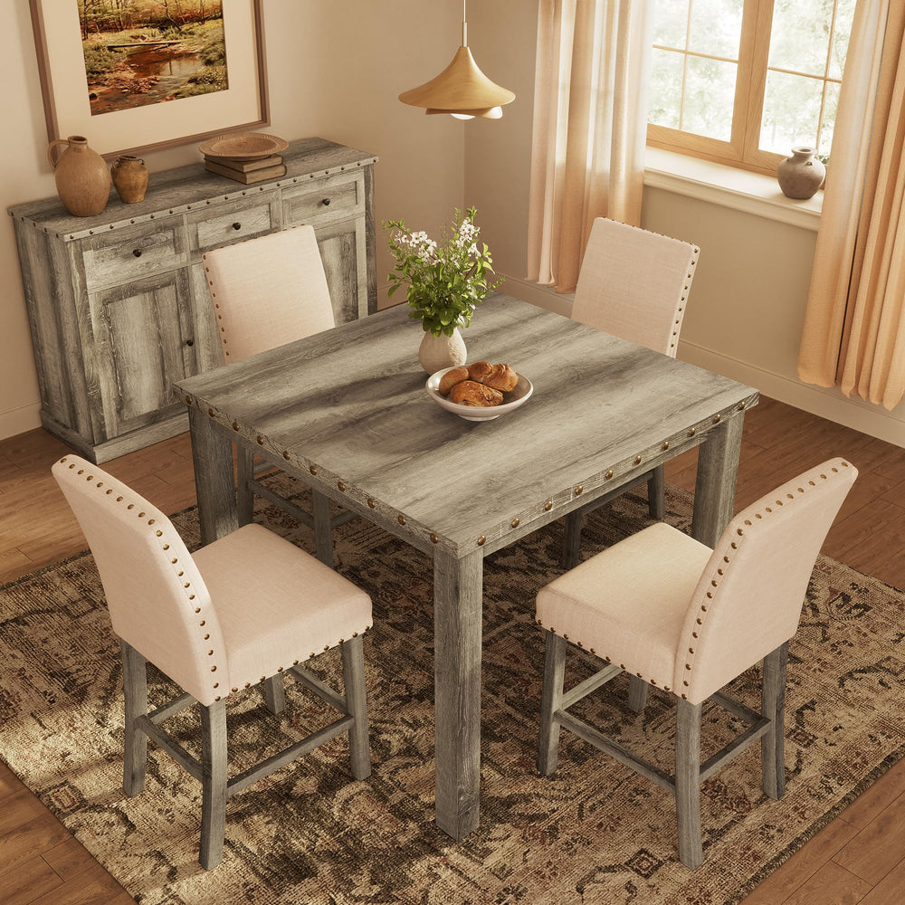 Counter Height Dining Table Set with Bar Stools – Farmhouse Square Kitchen Pub Table & Chairs