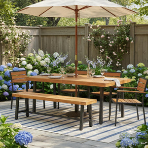 63-Inch Acacia Wood Outdoor Bench – 3-Person Patio Seat with Metal Frame