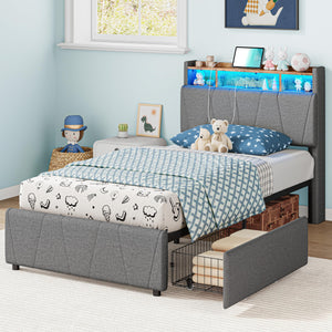 Twin Bed Frame with Storage Drawers, Charging Station & LED Lights