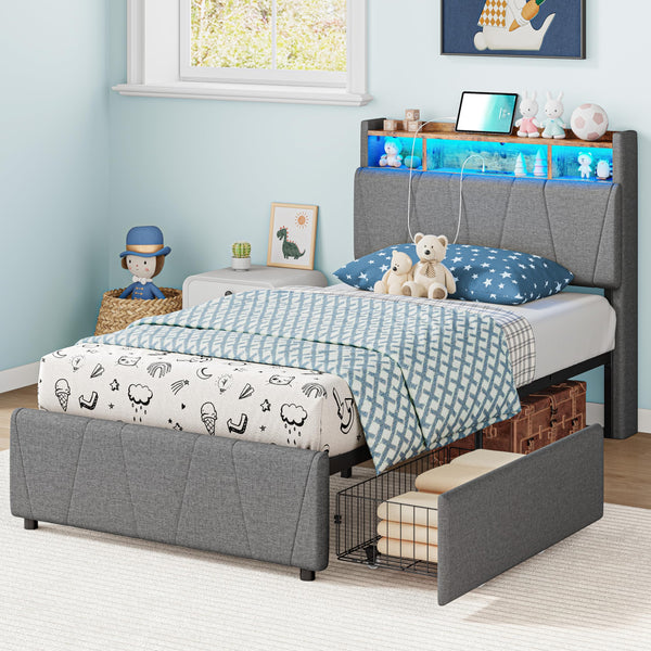 Twin Bed Frame with Storage Drawers, Charging Station & LED Lights