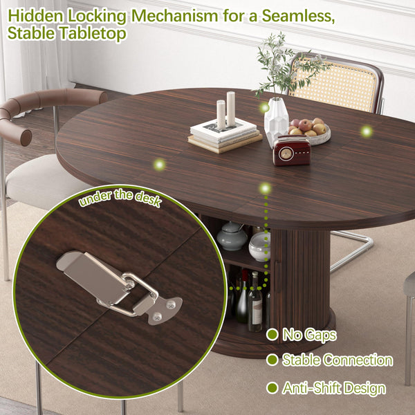 Extendable Round Dining Table with 2-Tier Storage Shelf – Seats 4–6, Black Walnut