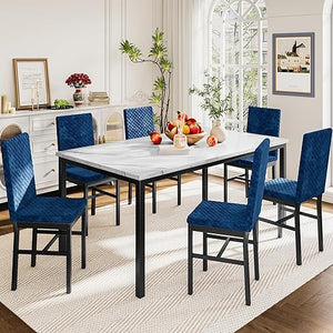 7-Piece Faux Marble Dining Table Set for 6 with PU Leather Chairs