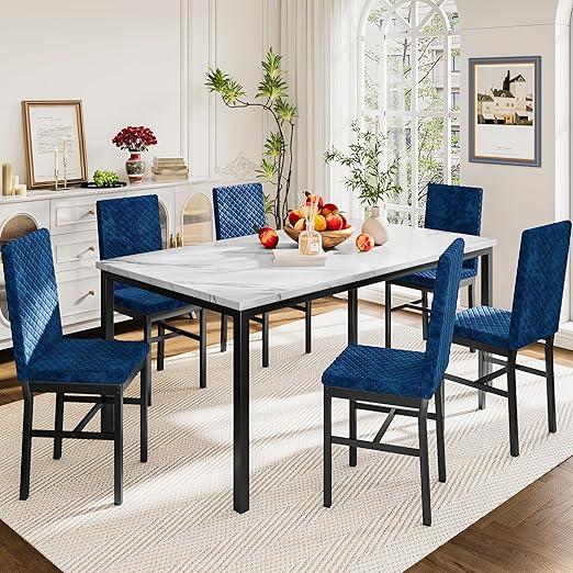 7-Piece Faux Marble Dining Table Set for 6 with PU Leather Chairs