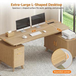 L-Shaped Farmhouse Executive Desk with Storage & Power Outlets
