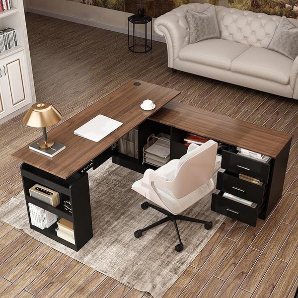 L-Shaped Electric Standing Desk with Drawers & Storage