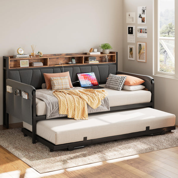 Twin Daybed with Trundle, Storage Headboard & Charging Station