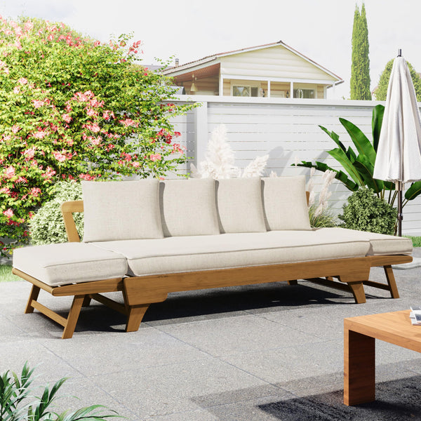 Convertible Outdoor Daybed Sofa – 3-Seater Acacia Wood Patio Couch