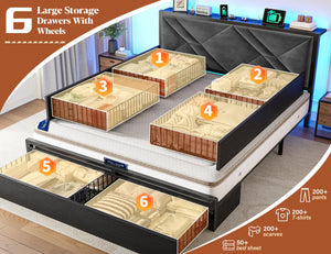 Queen Bed Frame with Storage Drawers, LED Lights & Charging Station