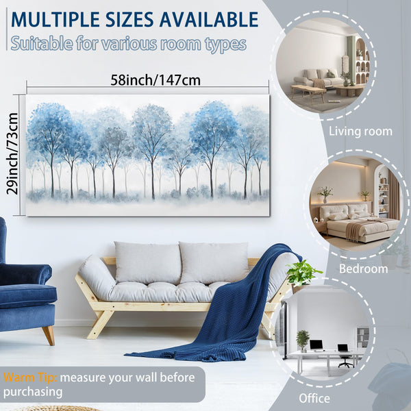 Blue Forest Canvas Wall Art – White Misty Trees Landscape, Multiple Sizes