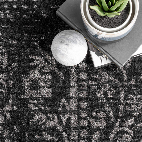 Vintage Medallion Area Rug 10x14 – Polypropylene Indoor Rug, Black & Grey