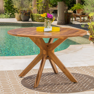 Round Outdoor Acacia Wood Dining Table – Teak Finish