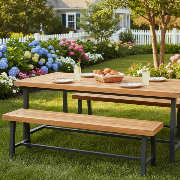 63-Inch Acacia Wood Outdoor Bench – 3-Person Patio Seat with Metal Frame