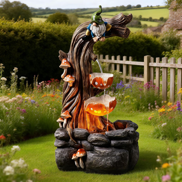 Gnome Outdoor Water Fountain with LED & Cascading Mushroom Waterfall