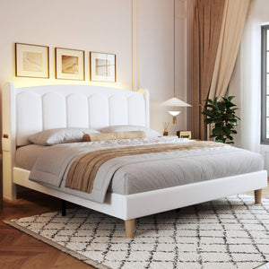 Queen Upholstered Platform Bed Frame with LED Headboard