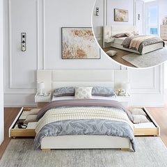 Upholstered Platform Bed Frame with Storage Drawers & Built-In Nightstands