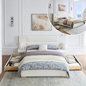 Upholstered Platform Bed Frame with Storage Drawers & Built-In Nightstands