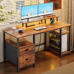 Gaming & Home Office Computer Desk with Power Outlets, LED Lights & Monitor Stand