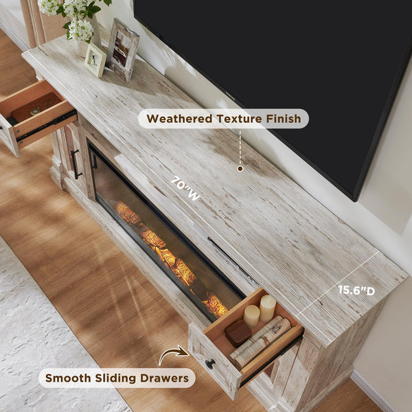 Farmhouse Fireplace TV Stand with 42" Electric Fireplace – 70" Wide, Fits TVs Up to 80"