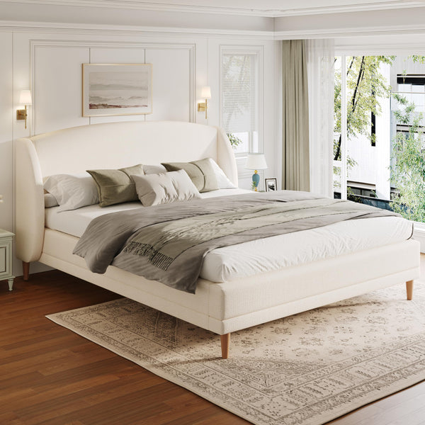 Upholstered Platform Bed with Boucle Wingback Headboard
