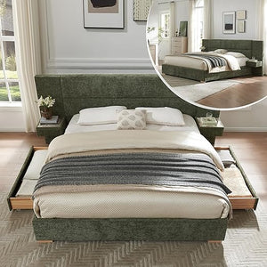 Upholstered Platform Bed Frame with Storage Drawers & Built-In Nightstands