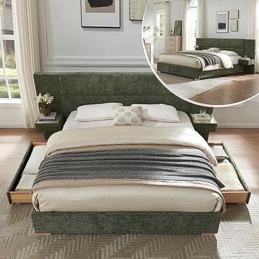 Upholstered Platform Bed Frame with Storage Drawers & Built-In Nightstands